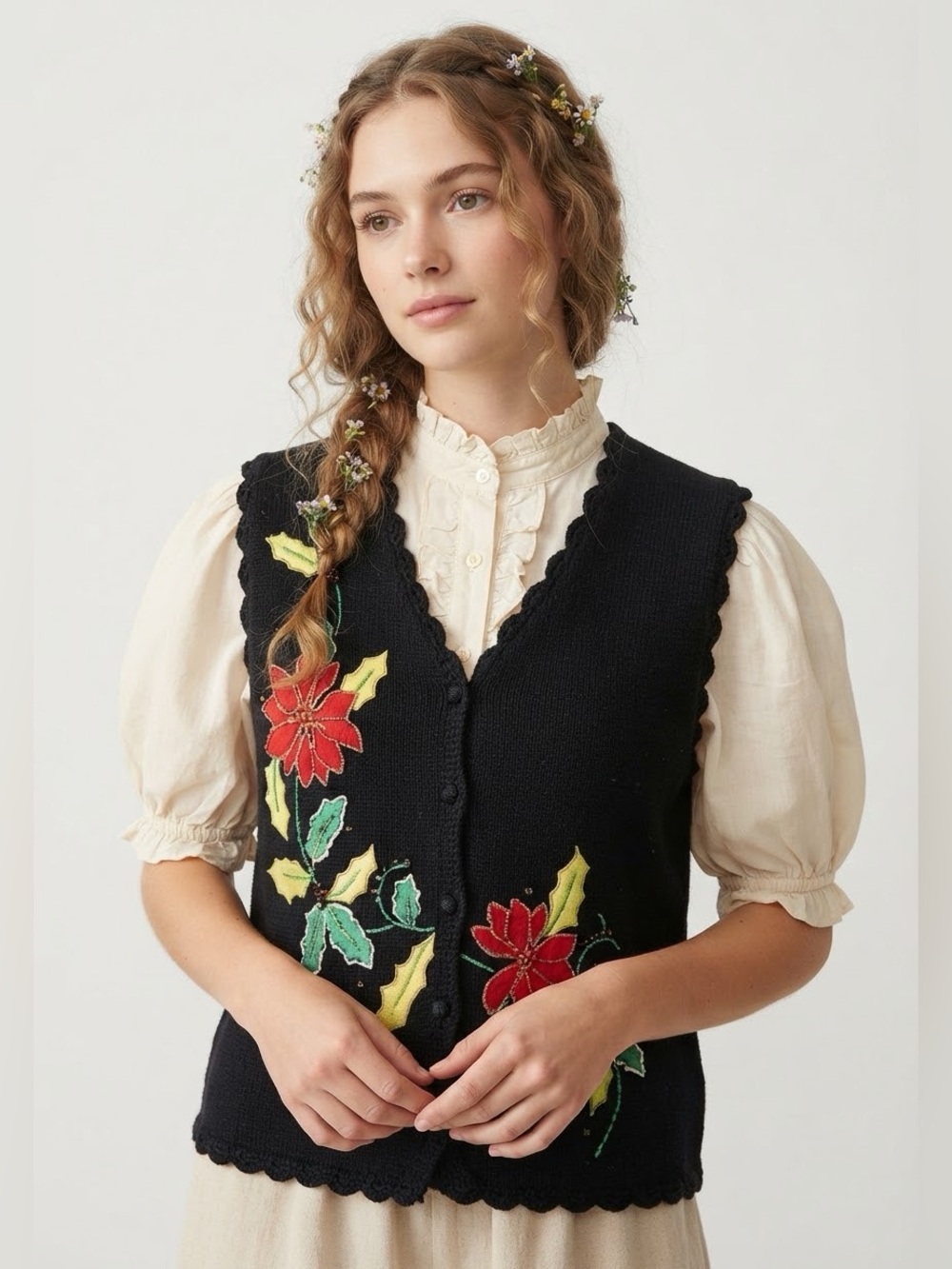 Vintage Kitschy Poinsettia Christmas Knit Vest Grannycore Cottagecore Beaded